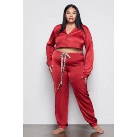 Good American Women's Size 7 / US 4X Red Satin Pajama Sleep Set Pants Top - Picture 12 of 13